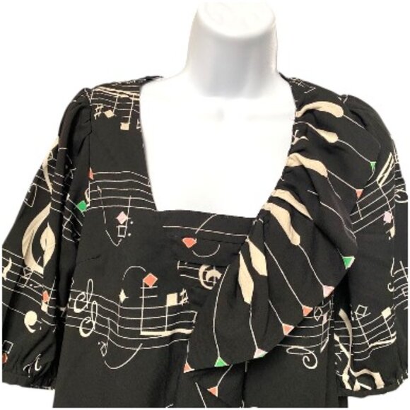 Titilate Valet Musical Notes Blk/Wht Square neck 3/4 Sleeve Neck Dress SZ L #4 - Picture 3 of 7